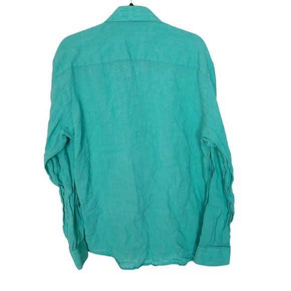 Masutto Mens L Green Long Sleeves Contrast Cuffs Linen Button Up Shirt Collared - Picture 8 of 8